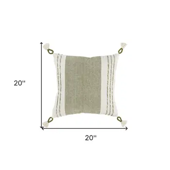 20" Green and White Color Block Cotton Throw Pillow With Tassels