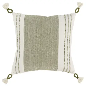 20" Green and White Color Block Cotton Throw Pillow With Tassels