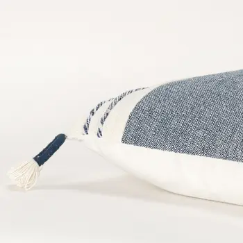 20" Blue and White Color Block Cotton Throw Pillow With Tassels