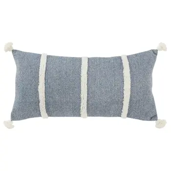 14" X 14" Blue and White Cotton Pillow With Tassels Edges