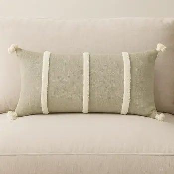14" X 14" Green and White Cotton Pillow With Tassels Edges