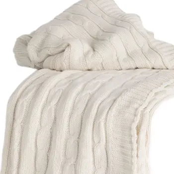 Ivory Knitted 100% Cotton Throw Blanket