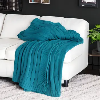 50" X 60" Teal Blue Cotton Cable Knitted Striped Throw Blanket