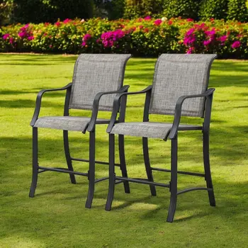 Set of Two 25" Black and Gray Metal Outdoor Counter Height Bar Chairs with Footrest