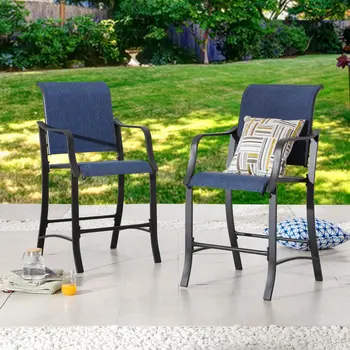 Set of Two 25" Black and Blue Metal Outdoor Counter Height Bar Chairs