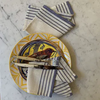 71" x 95" Cream And Blue Striped Cotton Tablecloth And Napkins Set
