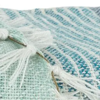 50" X 60" Aqua Blue Teal And Ivory Recycled PET Woven Stripe Throw Blanket with Tassels