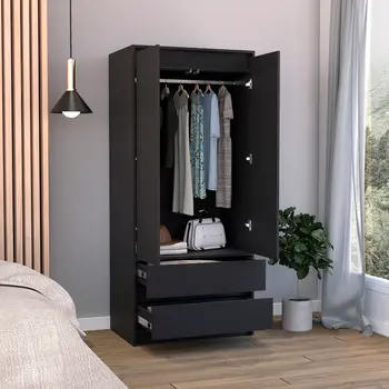 71" Black Wood Two Door Two Drawer Combo Dresser