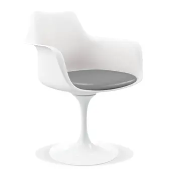 White Heavy Duty Plastic Swivel Dining Arm Chair With Gray Faux Leather Cushion