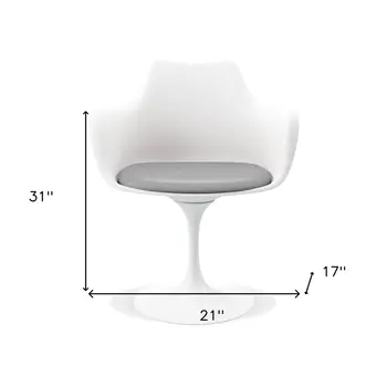White Heavy Duty Plastic Swivel Dining Arm Chair With Gray Faux Leather Cushion