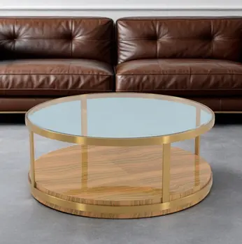 43" Clear Gold And Brown Glass Wood and Metal Round Coffee Table With Shelf