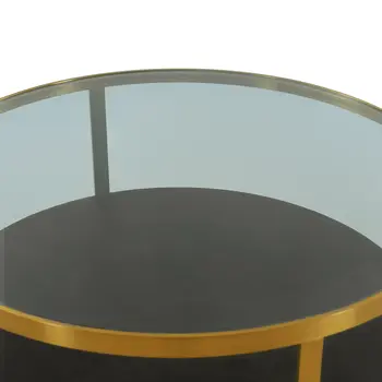43" Clear And Black Gold Glass And Solid Wood and Metal Round Coffee Table With Shelf
