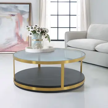 43" Clear And Black Gold Glass And Solid Wood and Metal Round Coffee Table With Shelf
