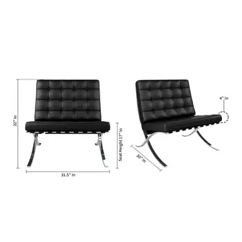 32" Black and Silver Italian Leather Tufted Lounge Chair