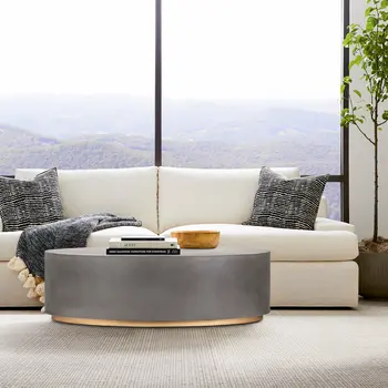 28" Gray And Brass Concrete And Brass Oval Coffee Table