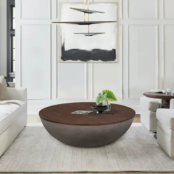 48" Brown And Gray Solid Wood And Concrete Round Coffee Table