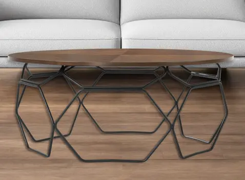 36" Brown And Black Solid Wood And Metal Round Coffee Table