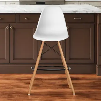 28" White And Brown Heavy Duty Plastic And Solid Wood Counter Height Bar Chair