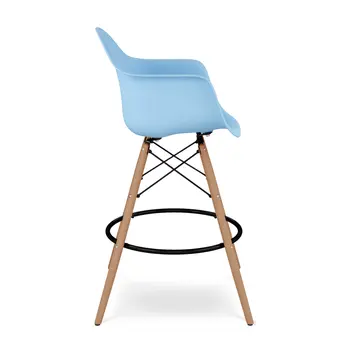 28" Light Blue And Brown Heavy Duty Plastic And Solid Wood Low Back Counter Height Bar Chair