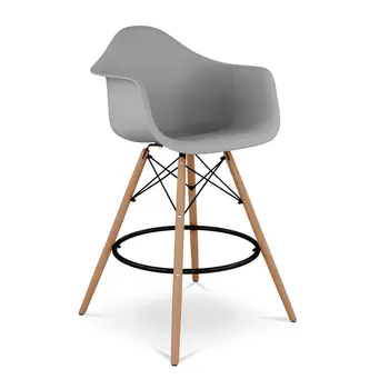 28" Gray And Brown Heavy Duty Plastic And Solid Wood Low Back Counter Height Bar Chair