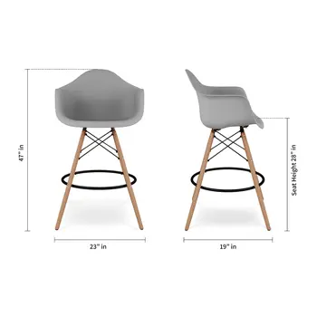 28" Gray And Brown Heavy Duty Plastic And Solid Wood Low Back Counter Height Bar Chair