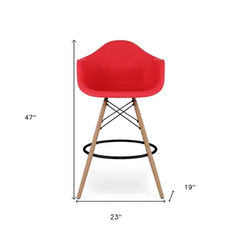 28" Red And Brown Heavy Duty Plastic And Solid Wood Low Back Counter Height Bar Chair