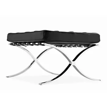 24" Black Genuine Leather and Silver Tufted Footstool Ottoman