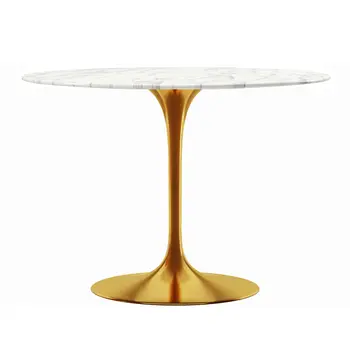 40" White And Gold Rounded Marble And Metal Pedestal Base Dining Table