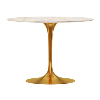 40" White And Gold Rounded Stone And Metal Pedestal Base Dining Table