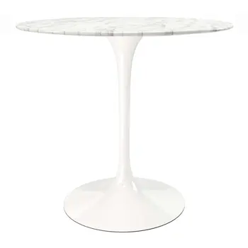 32" White Rounded Marble And Metal Pedestal Base Dining Table