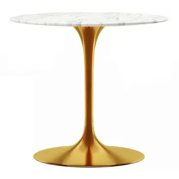 32" White And Gold Marble And Metal Dining Table