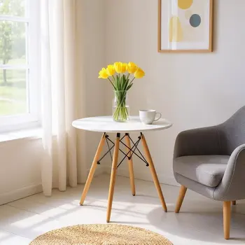 30" White And Natural Rounded Fiberglass And Solid Wood Dining Table