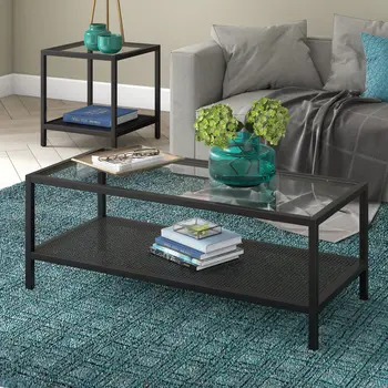 45" Clear And Black Glass And Steel Coffee Table With Shelf