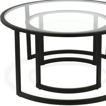 Set of Two Black Glass And Steel Round Sled Nested Coffee Tables