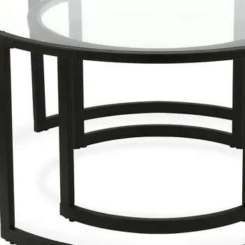 Set of Two Black Glass And Steel Round Sled Nested Coffee Tables