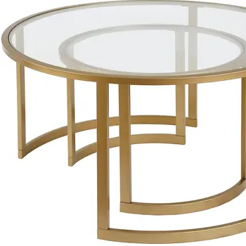 Set of Two Gold Glass And Steel Round Sled Nested Coffee Tables