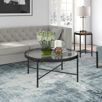 36" Black Glass And Steel Round Coffee Table