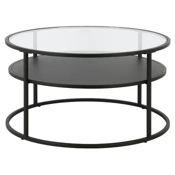 32" Black Glass And Steel Round Coffee Table With Shelf