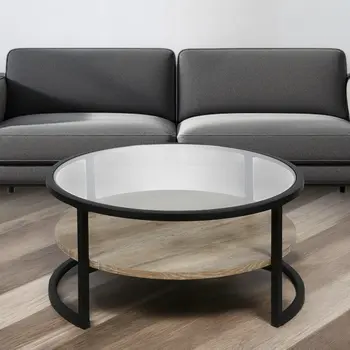 34" Black Glass And Steel Round Coffee Table With Shelf