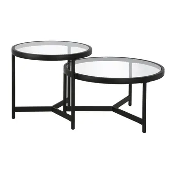 Set of Two 30" Black Glass And Steel Round Nested Coffee Tables