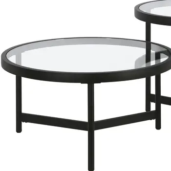 Set of Two 30" Black Glass And Steel Round Nested Coffee Tables