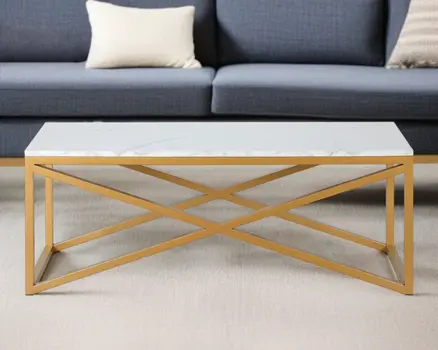 46" Gold Faux Marble And Steel Sled Coffee Table