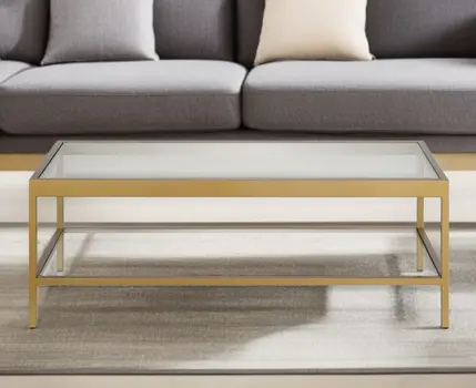 45" Clear Glass And Gold Steel Coffee Table With Shelf