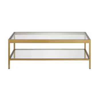 45" Clear Glass And Gold Steel Coffee Table With Shelf