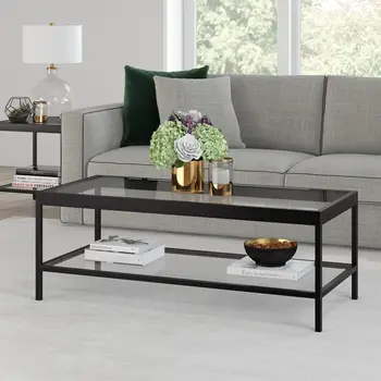 45" Clear And Black Glass And Steel Coffee Table With Shelf