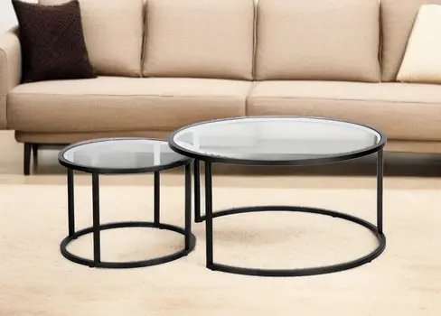 Set of Two Black Glass And Steel Round Frame Nested Coffee Tables