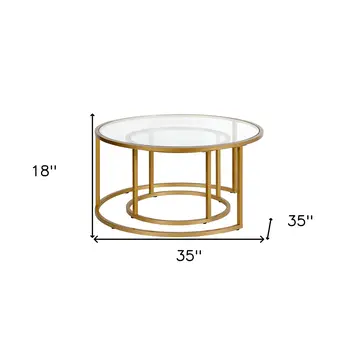 Set of Two 35" Gold Glass And Steel Round Nested Coffee Tables