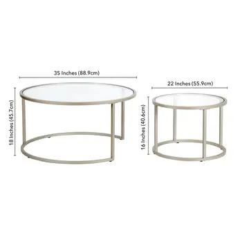 Set of Two 35" Silver Glass And Steel Round Nested Coffee Tables
