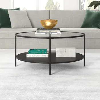 36" Black Glass And Steel Round Coffee Table With Shelf
