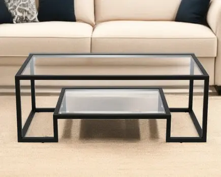 45" Clear And Black Glass And Steel Sled Coffee Table With Shelf